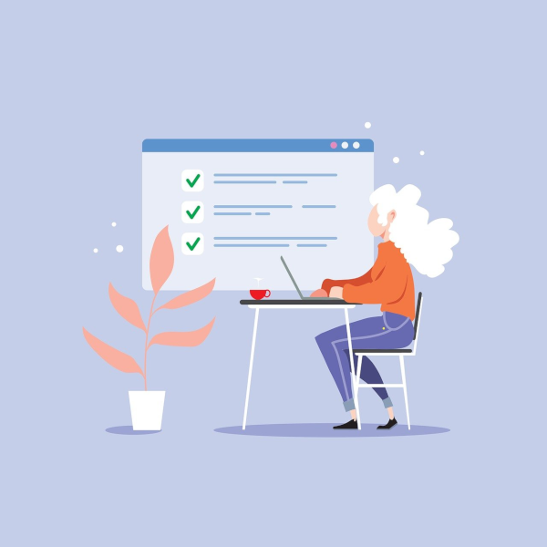 vector of a woman sat at a desk using a laptop to write website content